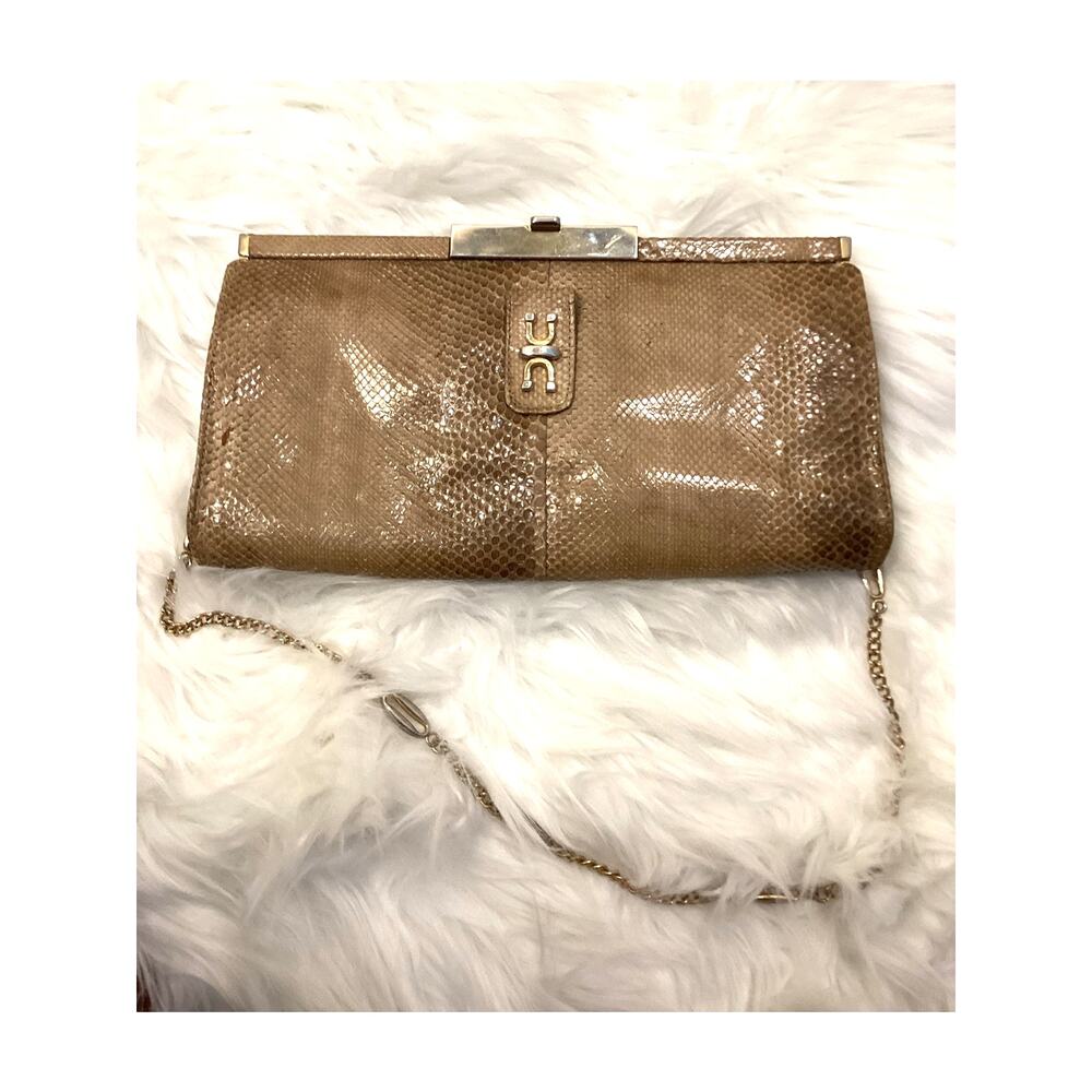 Stylish Vintage Glossy Beige Snakeskin Clutch Gold Shoulder Chain Hinged Bag
